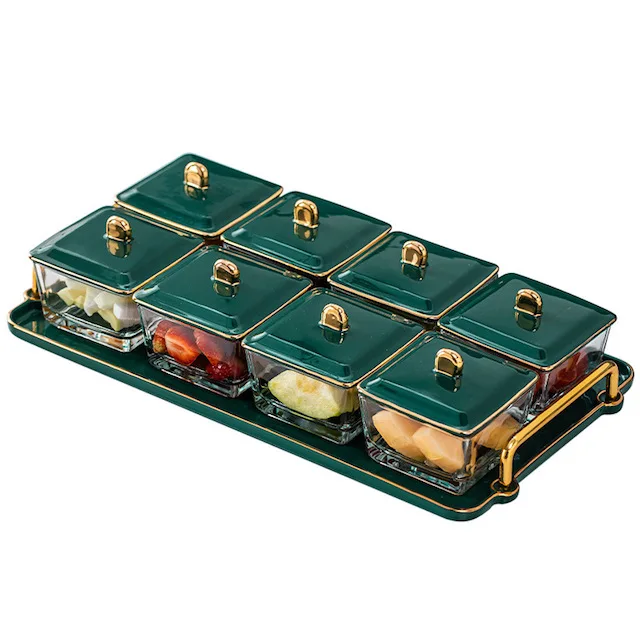 Multi Compartment Ceramic Small Snack Bowl With Cover Metal Tray For Snack Potato Chips Fruits Removable Container Bowls