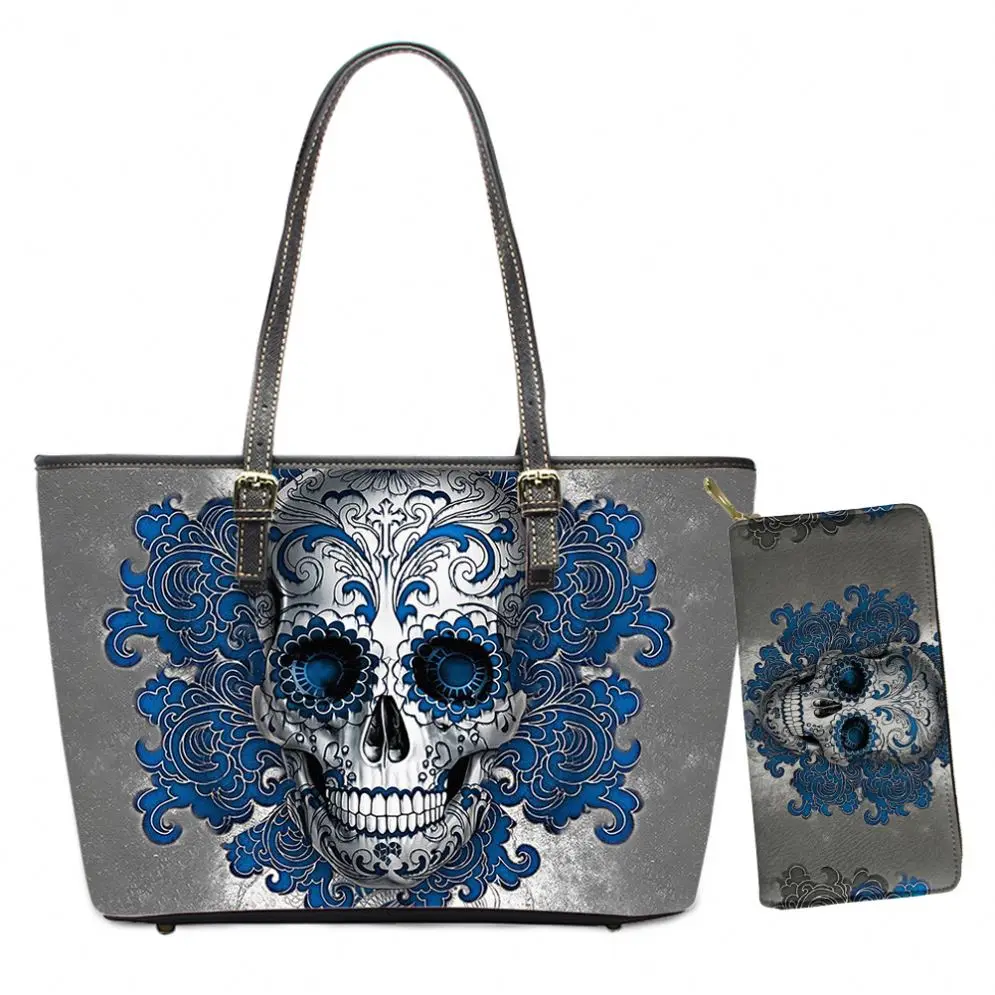 
wholesale skull art design print purses and handbags large hard leather tote bags female women long zipper grey wallets 2pcs/set 