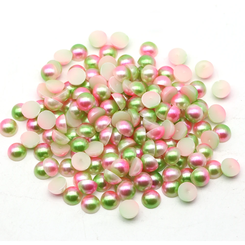 3-16mm Apple Green & Pink Rainbow Color Crystal Strass Stone Loose Abs Hlaf Round Pearl For Carfts