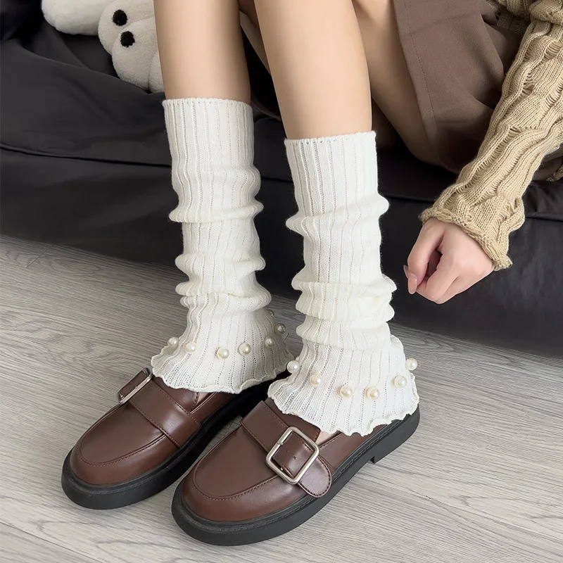 Autumn And Winter Ruffled Slim Knitted Socks Y2k Pearl Beaded Leg Warmers Boot Ankle Cuffs Stocking Lolita Tube Knit Socks