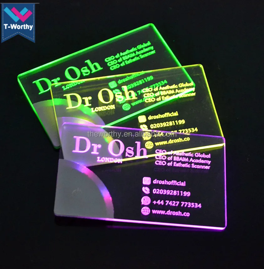 T-Worthy Customized Logo Laser Engraved LED Business Card Acrylic Brand Name Glowing LED Light Up Business Card