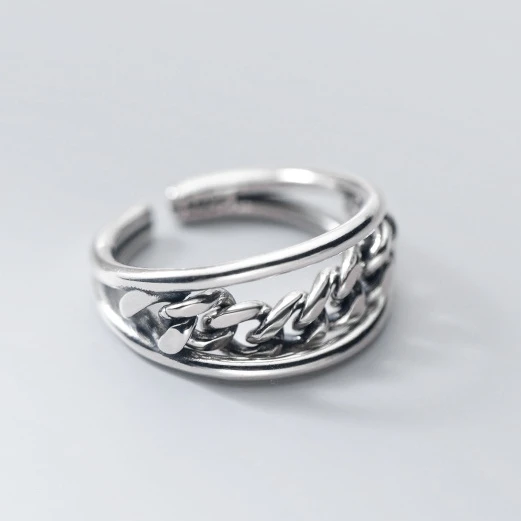Sterling Silver 925 Ring Simple Make Old Chain Thai Silver Three Layer Ring Personality  Index Finger Ring