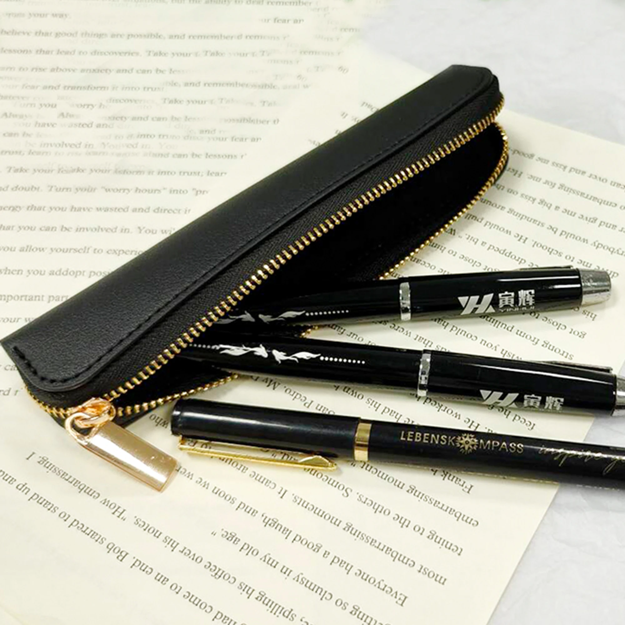 Factory Custom Modern Stylish Litchi PU Leather Velvet Lining 1-3 Pen Pencil Bag Case Pen Holder with Zipper