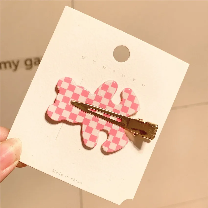 Women Fashion Acetic Acid Hair Clips Hair Accessories Cute Bear Checkered Girls Hair Clip Claw