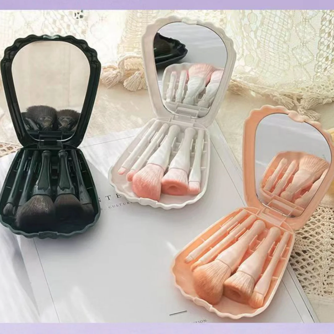 New 5pcs Portable Makeup Brush Set Mirror Case Travel Contouring Complete Set Shell Full Set Brush Factory Wholesale