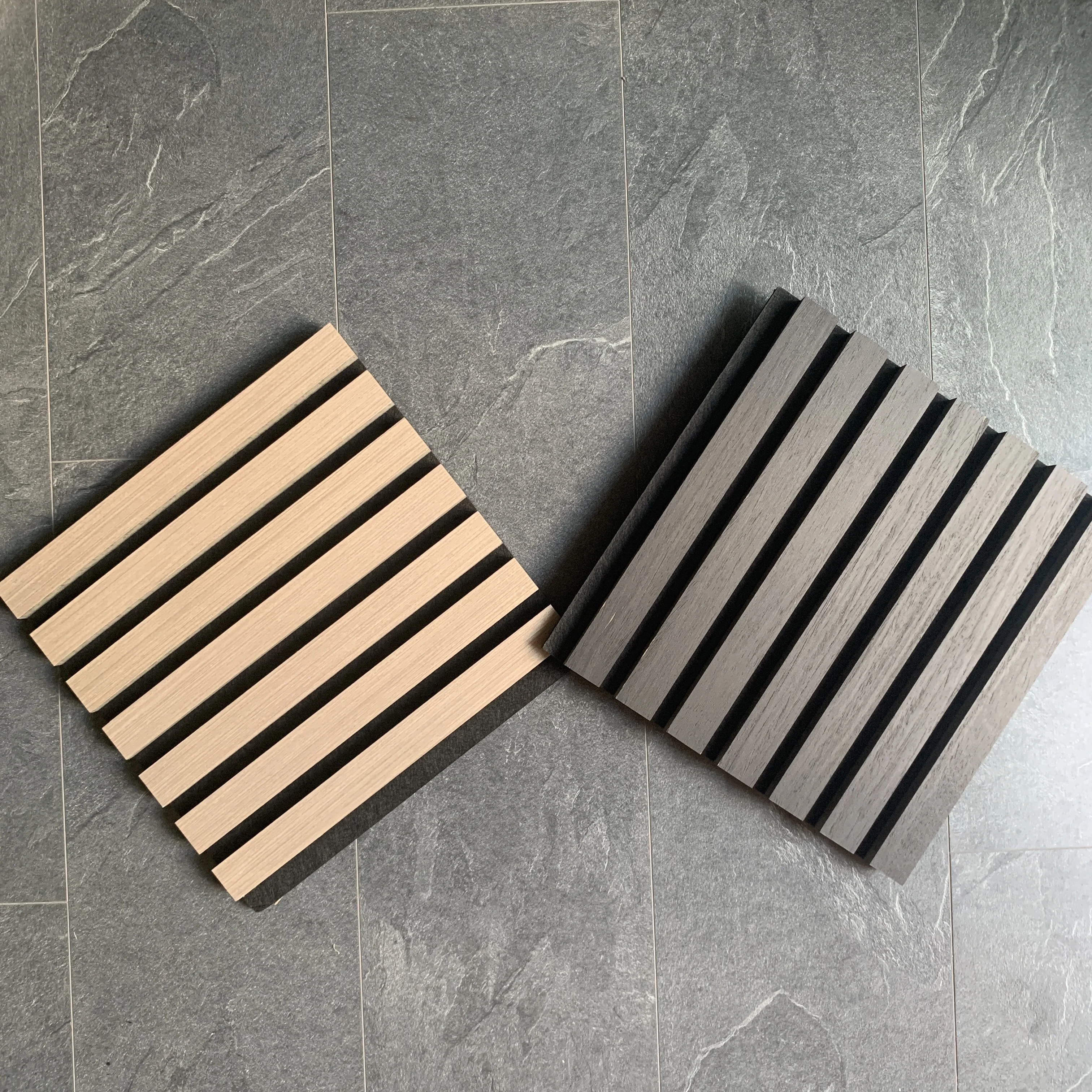 USA popular interior wall decoration akupanel light oak walnut 3 sides veneer wooden slat wall panels PET felt board