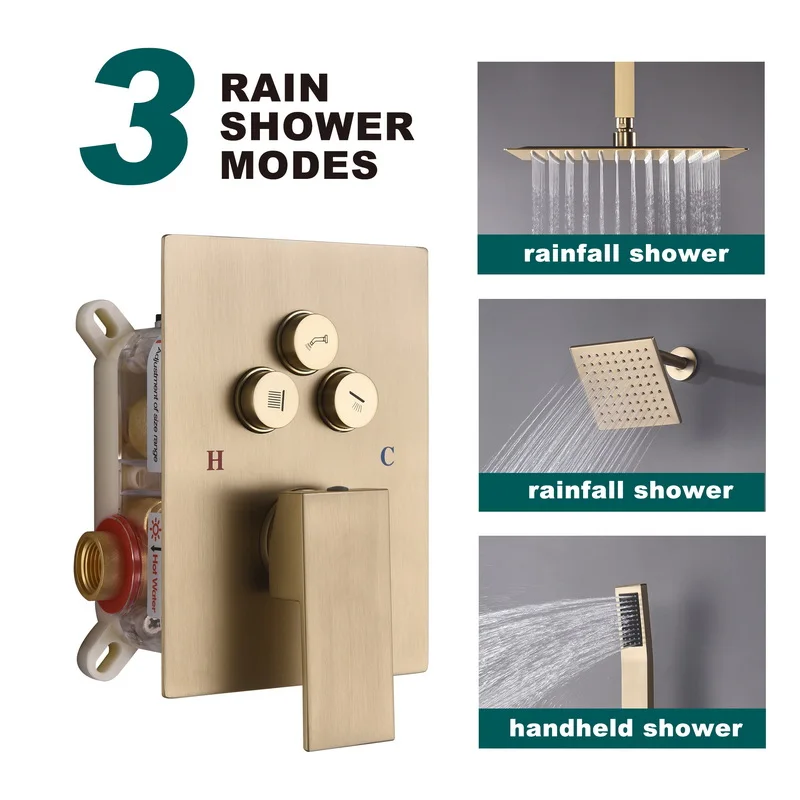 Brushed Gold Shower System Concealed Multiple Head Sprayers Modern High End Rainfall Handheld Jets Brass Control Body 3 in 1 Set