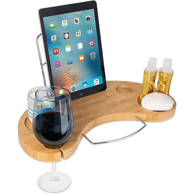 Luxury Expandable Tub Organizer Detachable Tablet Backrest  Wine Glass Holder Smartphone Holder Bamboo Bathtub Caddy Tray