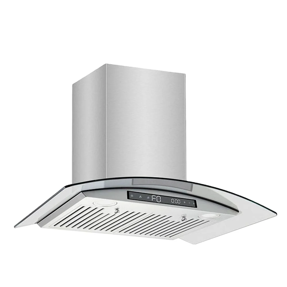 Versatile design kitchen touch button control vented wall mount ducted  curved glass kitchen aire range hood