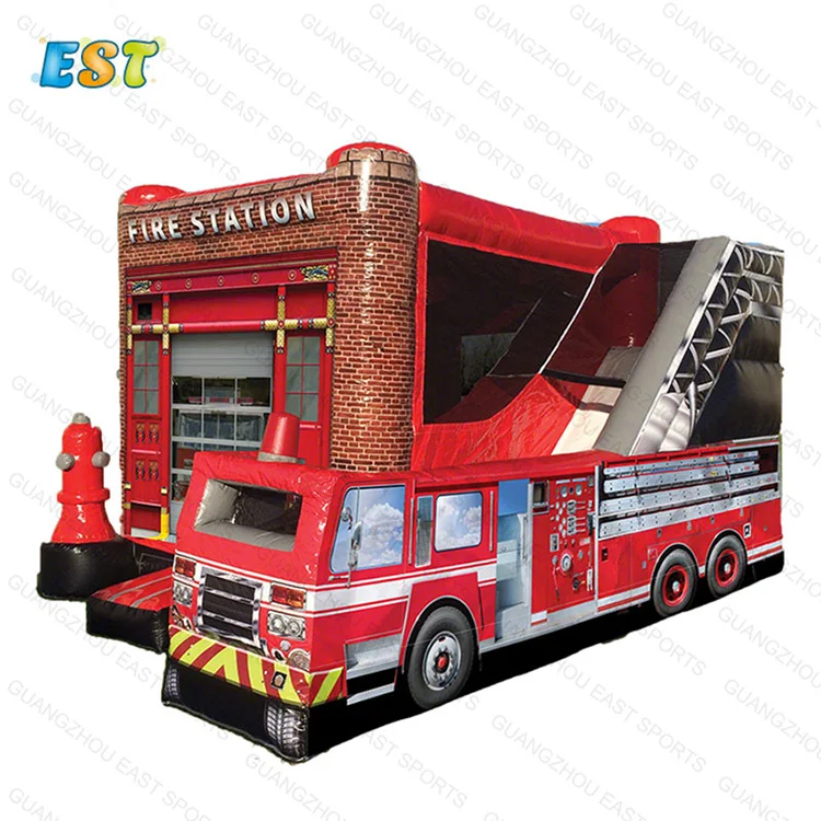 Commercial Kids Durable Bouncy House Dry wet Slide Inflatable Fire Truck Slide For Sale