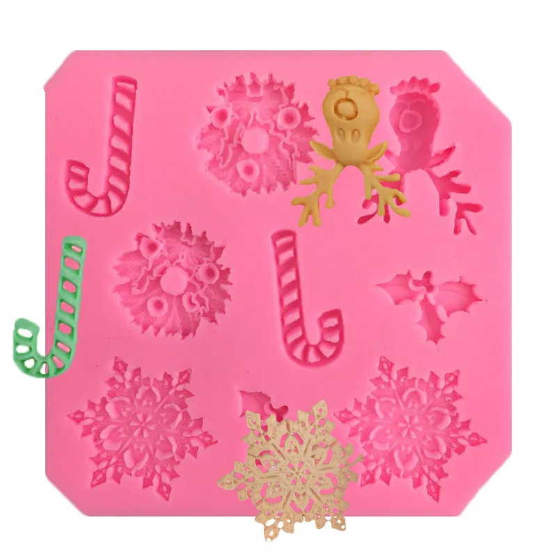 Yiwu bobao funny 9ps cartoon christmas snowflake stick leaves shape sugar mousse cake fondant decoration cookie silicone Molds