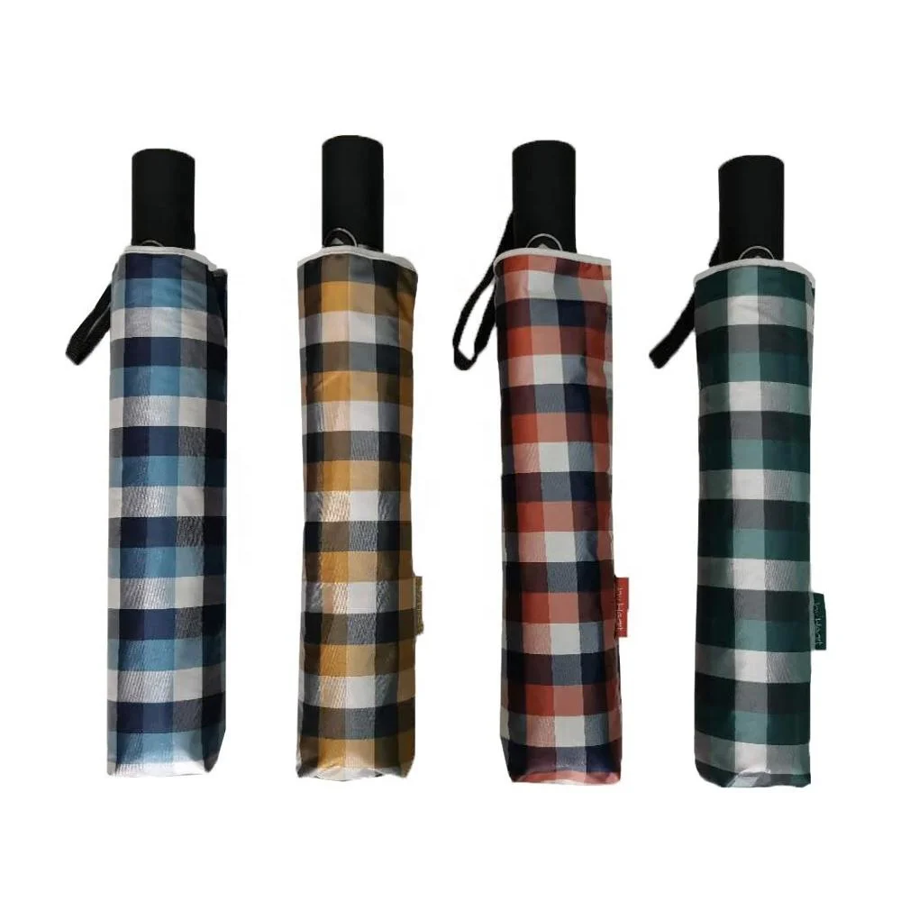 Three Folding Plaid Fabric Umbrella Fully Automatic Open And Close With Customized