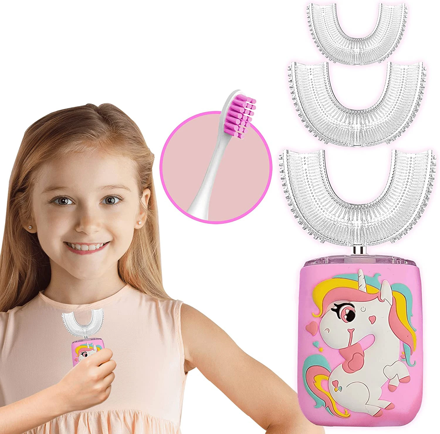 Unicorn Age 2-12 Waterproof Ultra Sonic 6 Brush Cleaning Modes 360 Degree U Shape Electric Toothbrush For Kids With Smart Timer