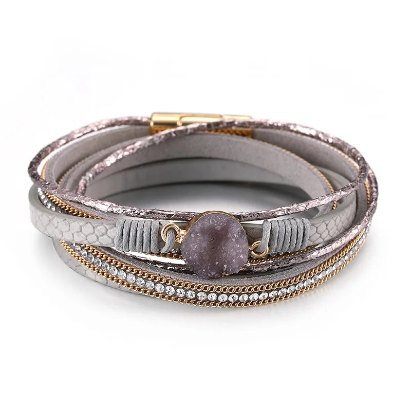 Ethnic Multi Layered Leather Druzy Stone Charm Bracelets Handmade Quartz Crystal Leather Bracelet