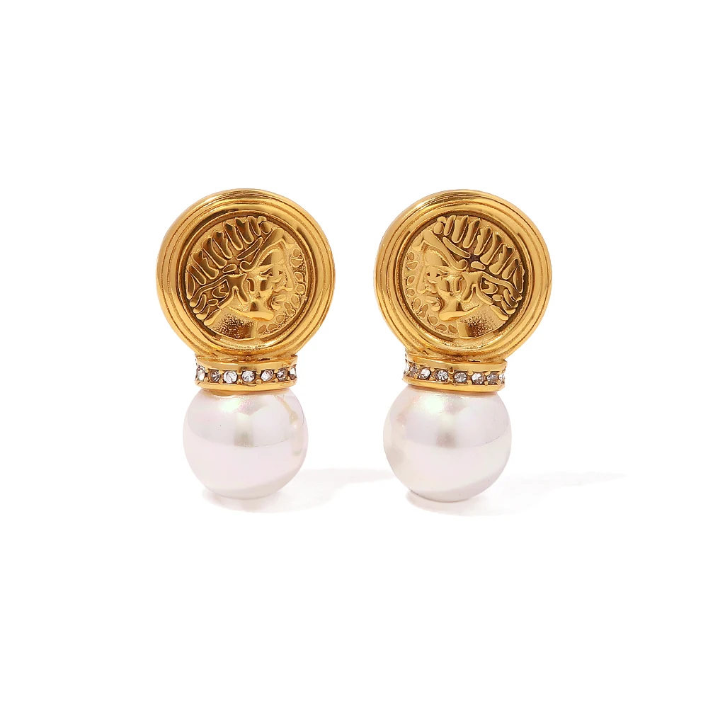18k Gold Plated Stainless Steel  Pearl Green Agate Earrings Queen Elizabeth Coin Design Drop Earring