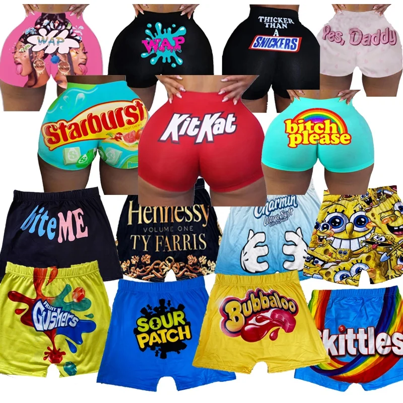 Wholesale cheapest printed plus size  women summer hot snack shorts candy sets snickers snack shorts