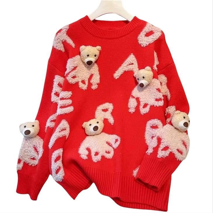 2024 autumn fashion girl high-quality  crew-neck long sleeve cartoon  bear print knitted Christmas sweater female