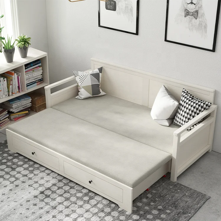 Modern design style solid wood living room furniture with fabric cover expandable wood sofa bed with drawer