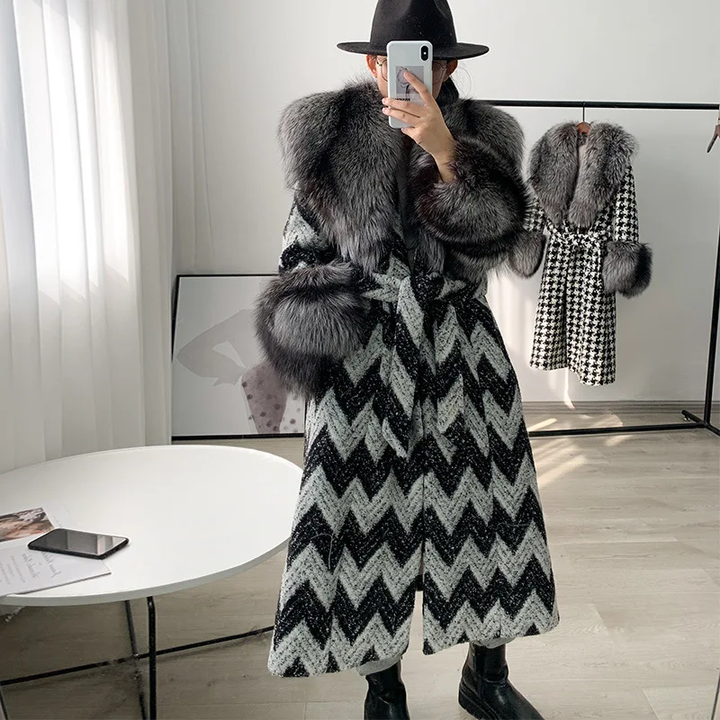 Fox fur coat women long thousand bird check woolen overcoat fashion style