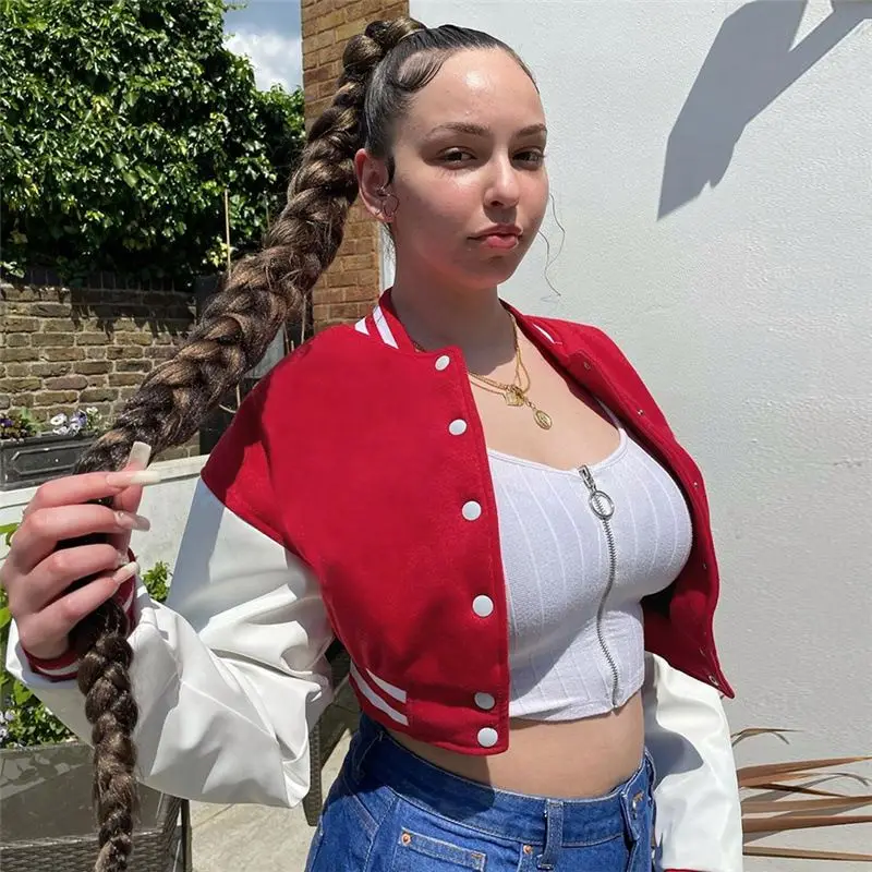 Leather patchwork long sleeve bomber jacket fashion streetwear winter jacket woman