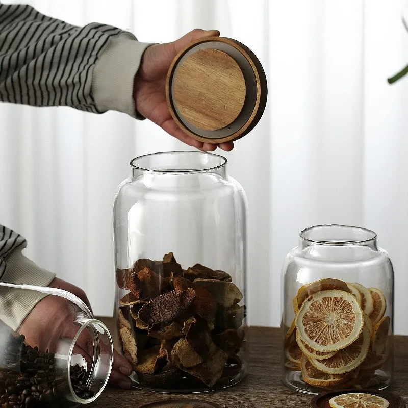 Wholesale High Capacity Custom Clear Glass Food Spice Candy Coffee Storage Jar Containers With Acacia Lid