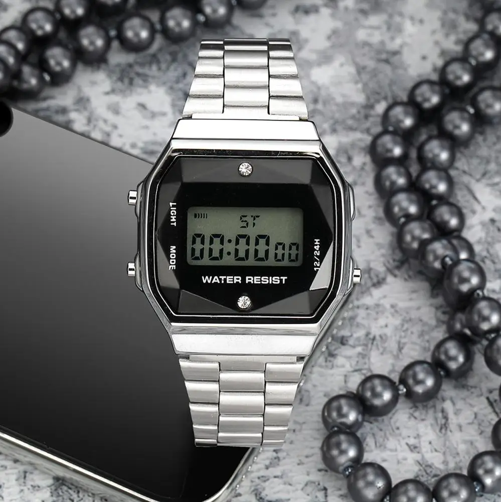 Electronic Digital Watch Rainbow color Fashion steel diamond women luxury digital watch F91W color sports watch