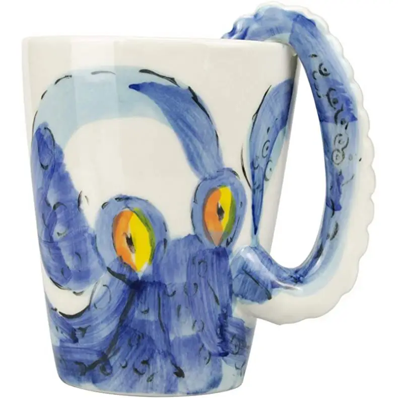 Wholesale OEM handmade 3D ceramic mug marine style octopus squid milk mug with octopus handle custom logo