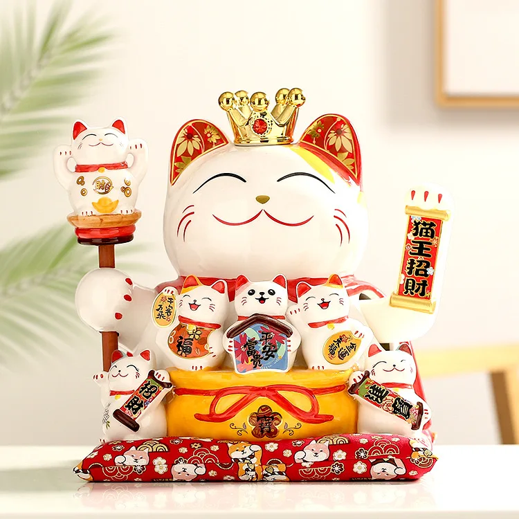 BONWILL Lucky Cats 9 Inch 11 Inch Cat King with 5 Mini Cats