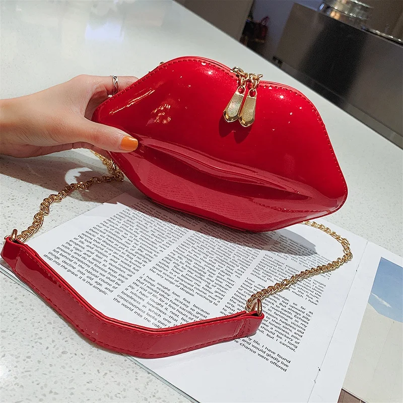 4 Colors Creative Luxury Glossy Pu Big Lips Ladies Double Slider Mini Messenger Key Purse Clutch Bags with Internal Compartment