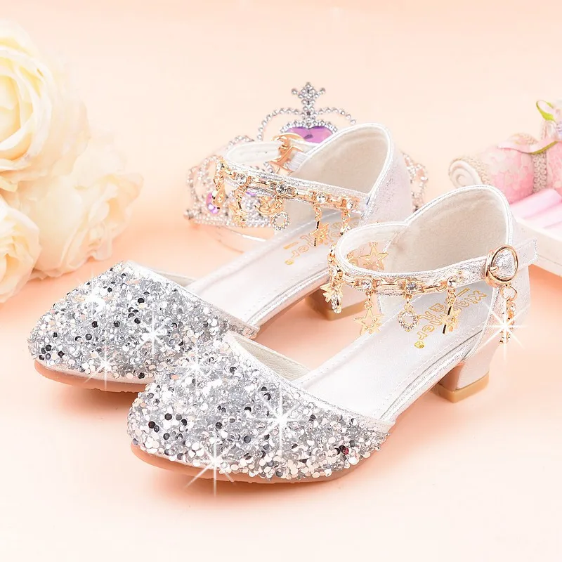 New Princess Fashion Girls Shoes Glitter Shiny Sandals Girls High Heel beautiful Shoes With Rhinestone School Party Show Shoe