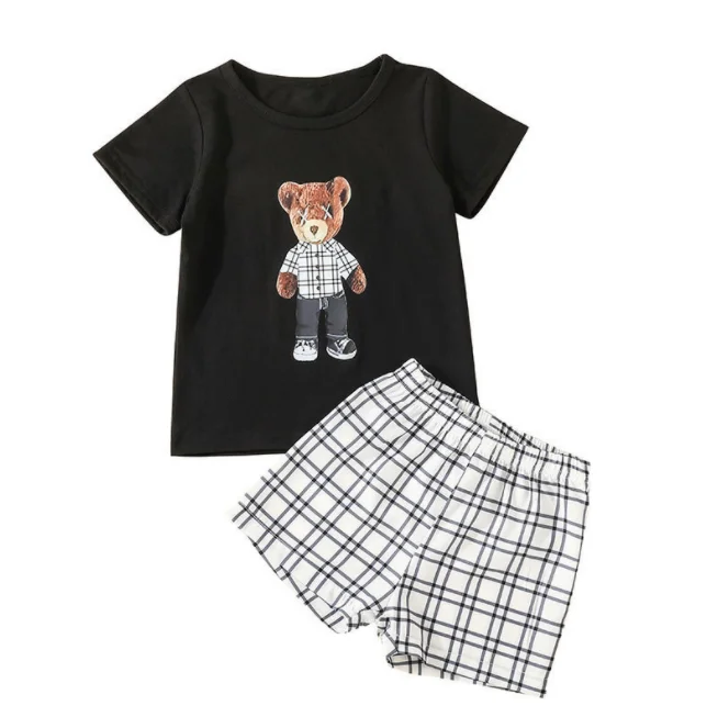 2pcs/Set Summer Wear Boys Black Cartoon Bear Print Short Sleeve T-shirt Matching Plaid Shorts Set For Boys Kids Clothes