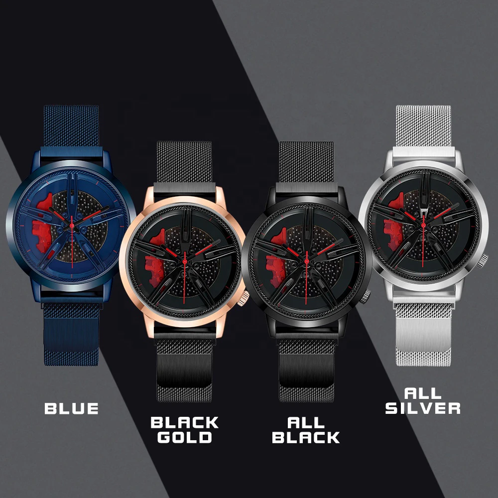 In Stock Spinning Real 3d Car Watch With Leather Strap Black Sport Rotate Flying Car Rim Wheeling Watch