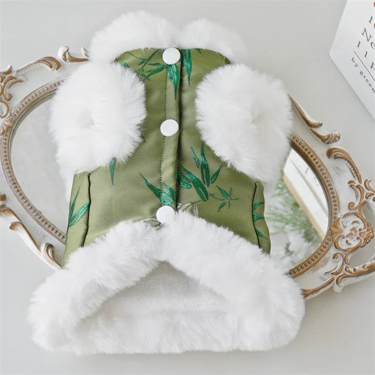Luxury Embroidery Bamboo and Panda Winter Dog Coat Soft and Warm Chinese Suit for Puppy Dog Outfit