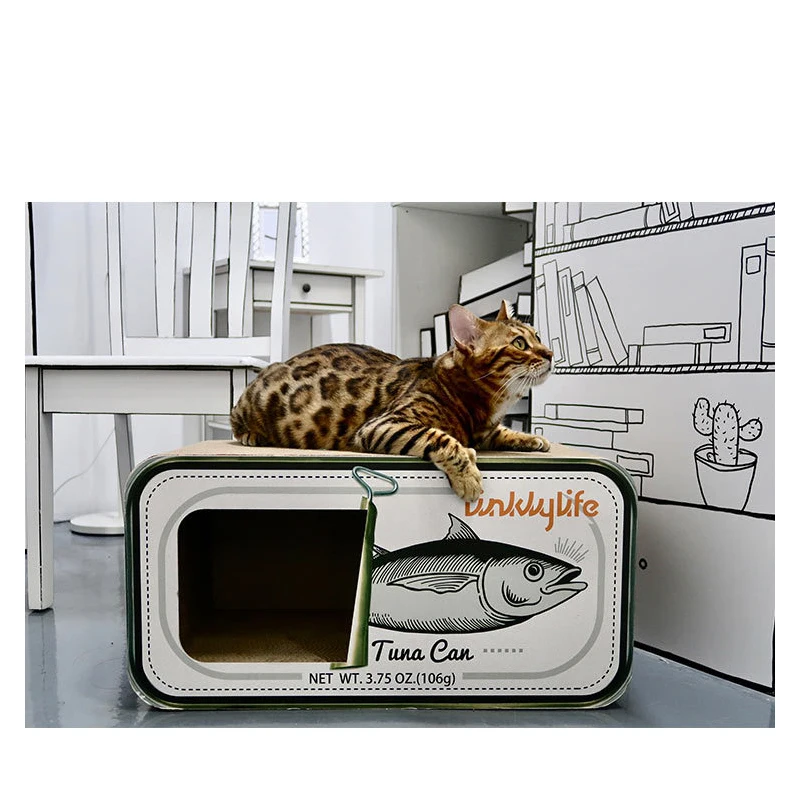 2024 Hot Selling Cute Fish Can Shape Cardboard Cat Scratcher House Bed With Scratching Board