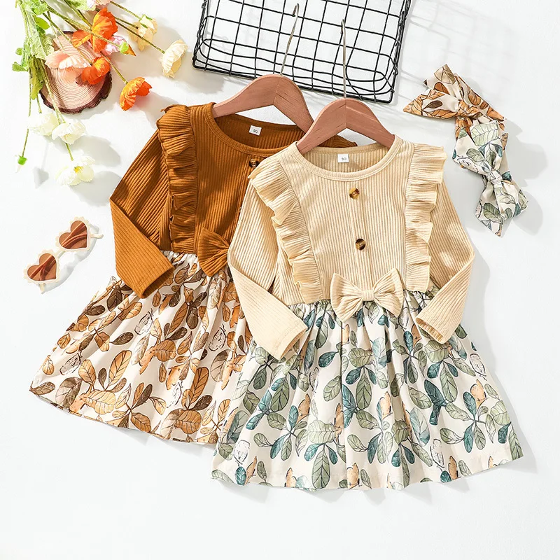 Spring Autumn Long Sleeve 2022 Solid Color Button Lace Ruffles Skirt Bow Knitting Leaves Printing Dress Girls Casual Frock