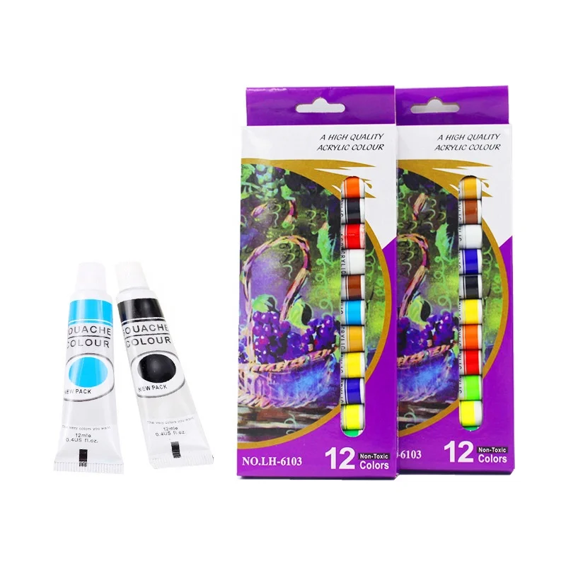 Acrylic Paint Set Non Toxic 12ml 12 Colors Tubes Pigment Paints for Canvas Wood Clay Fabric Ceramic Crafts for Kids and Adults