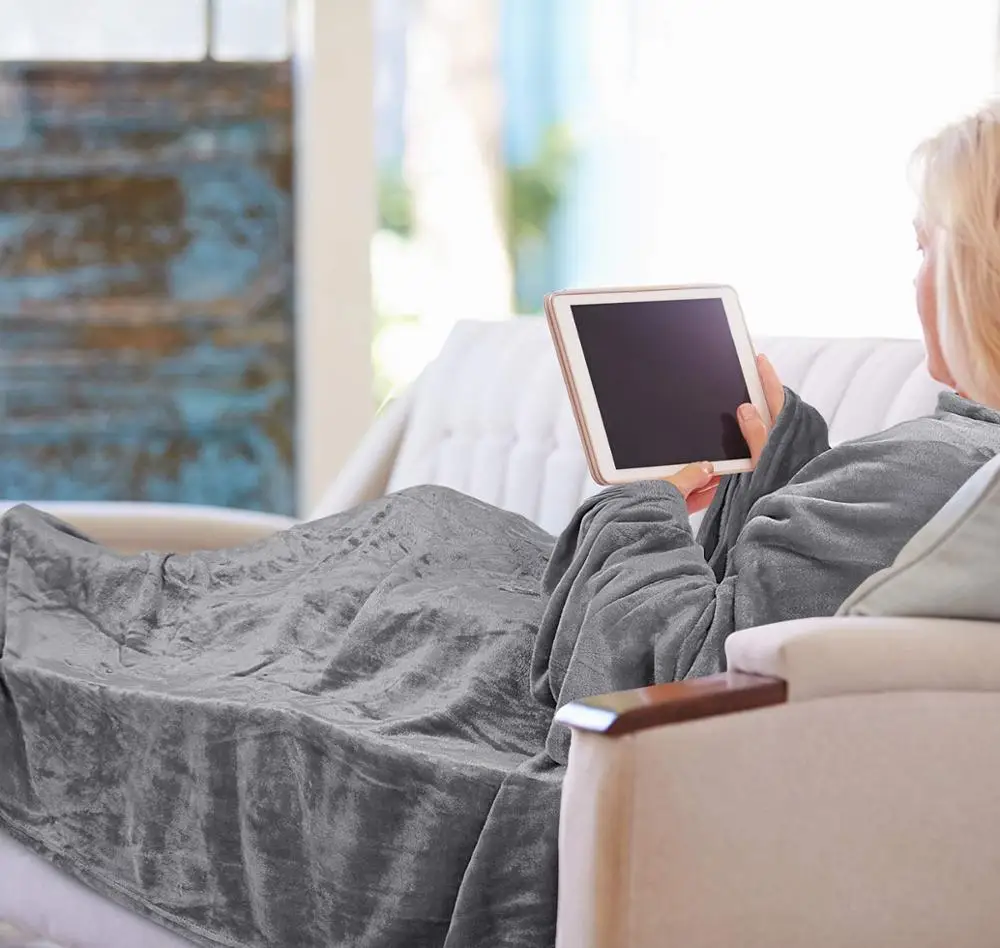 Wearable Fleece Blanket with Sleeves for Adult  Comfy Plush TV Blanket Throw Wrap Cover for Lounge Couch Reading and watching TV