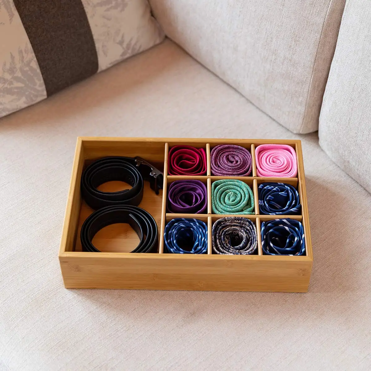 Bamboo 10 Compartment Belt Organizer Drawer Small Clothes Organizer Multifunctional Wooden Storage Organizer with Dividers