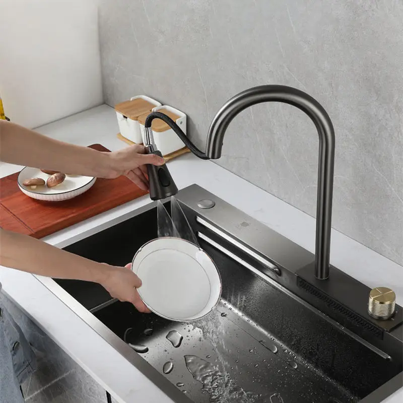 Горячая Распродажа матовая кухонная раковина Серебряная многофункциональная Роскошная Китай умный водопад набор