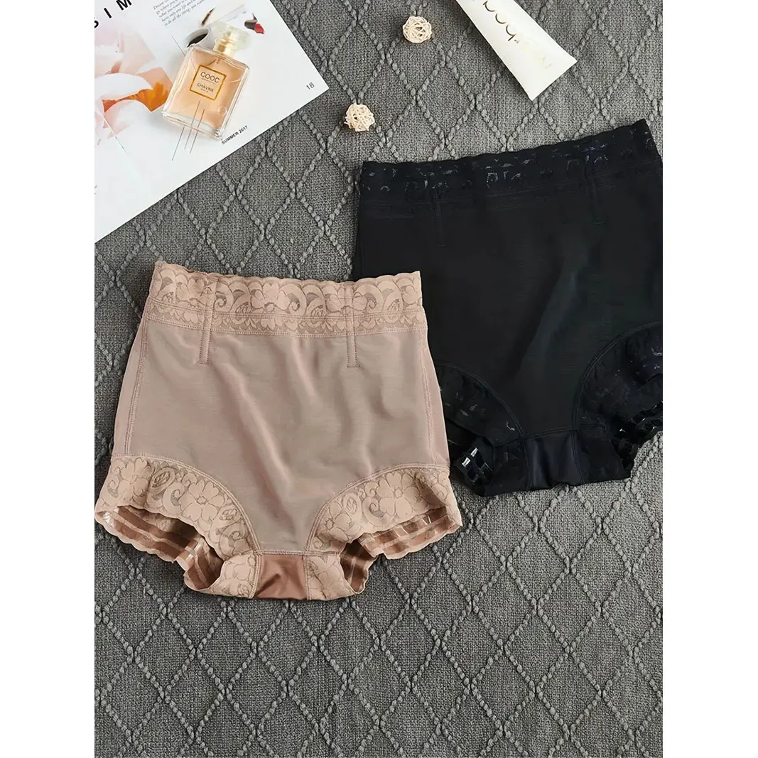 2 Pcs High-Waisted Shaping Briefs - Medium Support Tummy Control Contrast Mesh Knit Fabric Solid Color No Padding - Womens