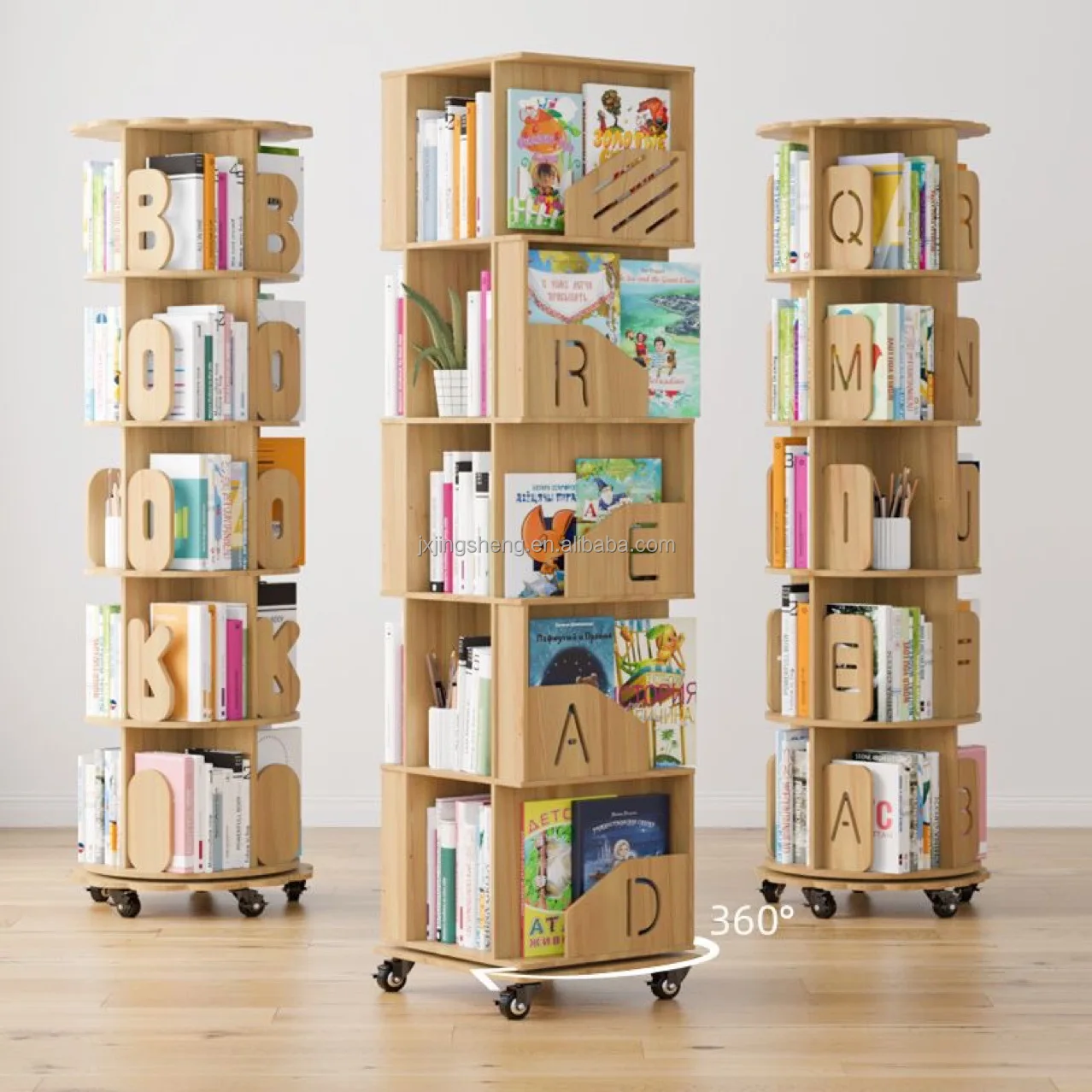 Solid wood rotating  bookshelf 360 degree movable bookshelf wall bookcase with wheel