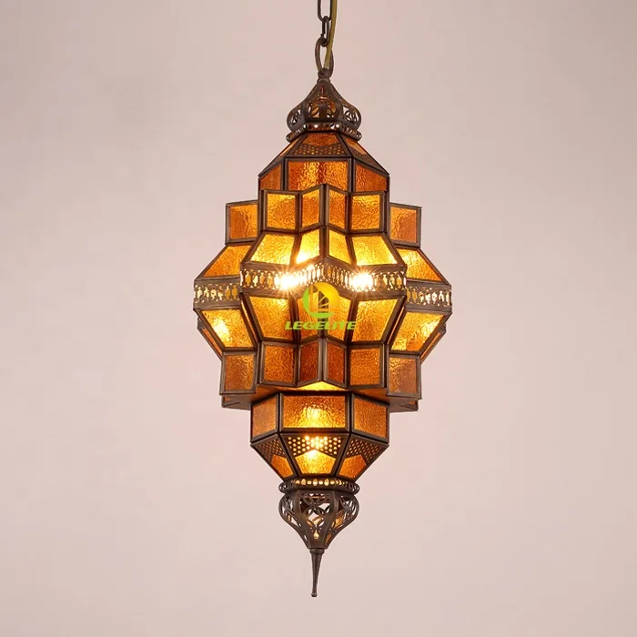 Antique Retro Geometric Amber Textured Ceiling Tiffany Mosaic Glass Brass Moroccan Pendant Lamp Modern Chandelier Pendant Light