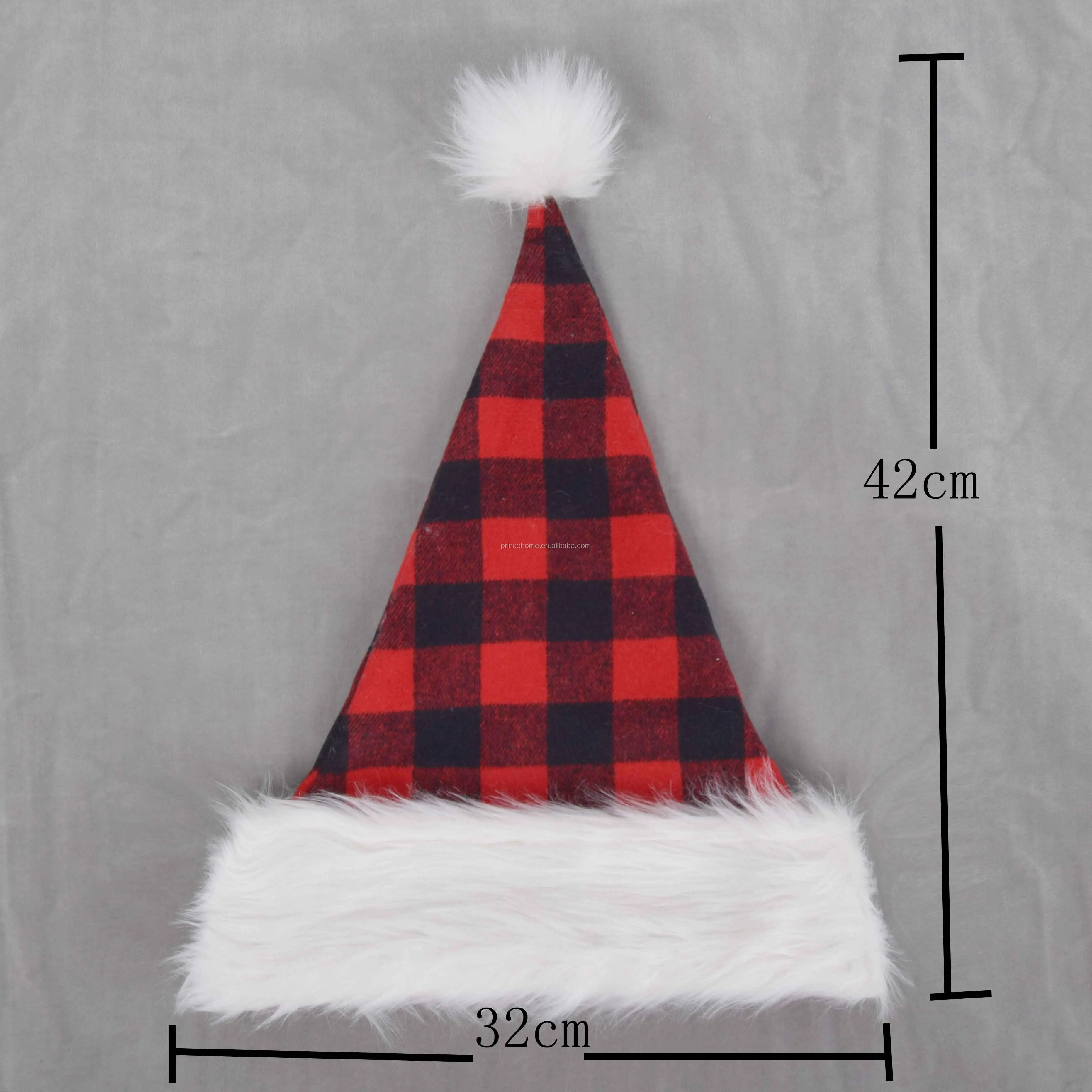 Забавное украшение на заказ, шапки Санта-Клауса в красно-черную клетку для рождественской вечеринки с белым мехом и помпоном