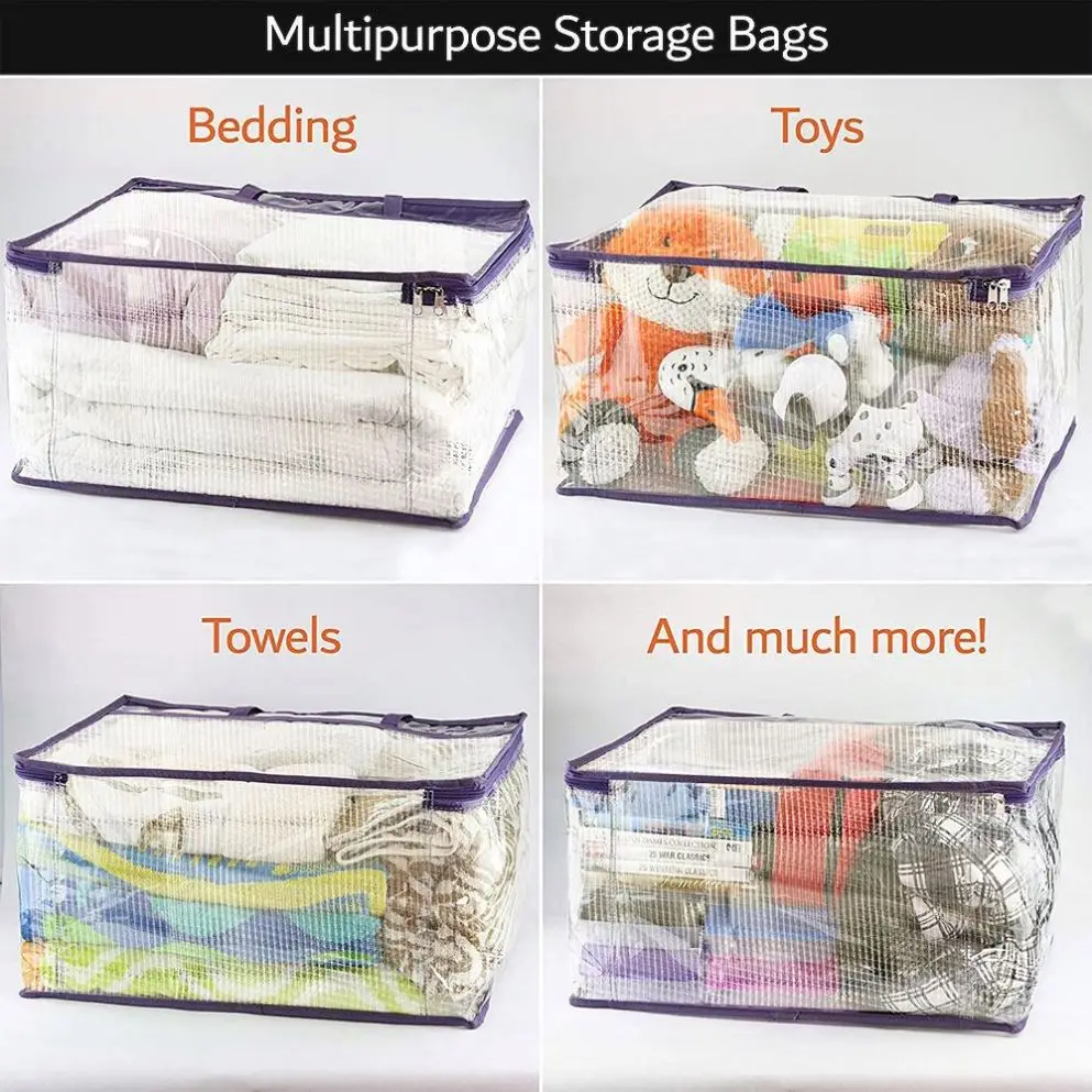 Clear Clothes Storage Bags Vinyl Organizers with Sturdy Zippers Reinforced Handle Plastic Moving Totes Transparent Space Saver C