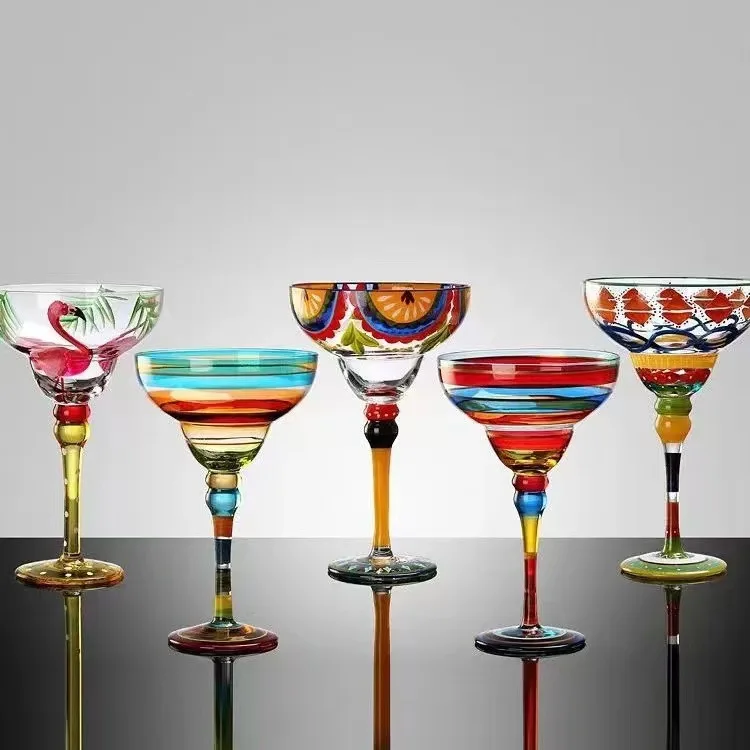 Hot sale creative painted margarita crystal glass tall triangle glass cocktail champagne flutes