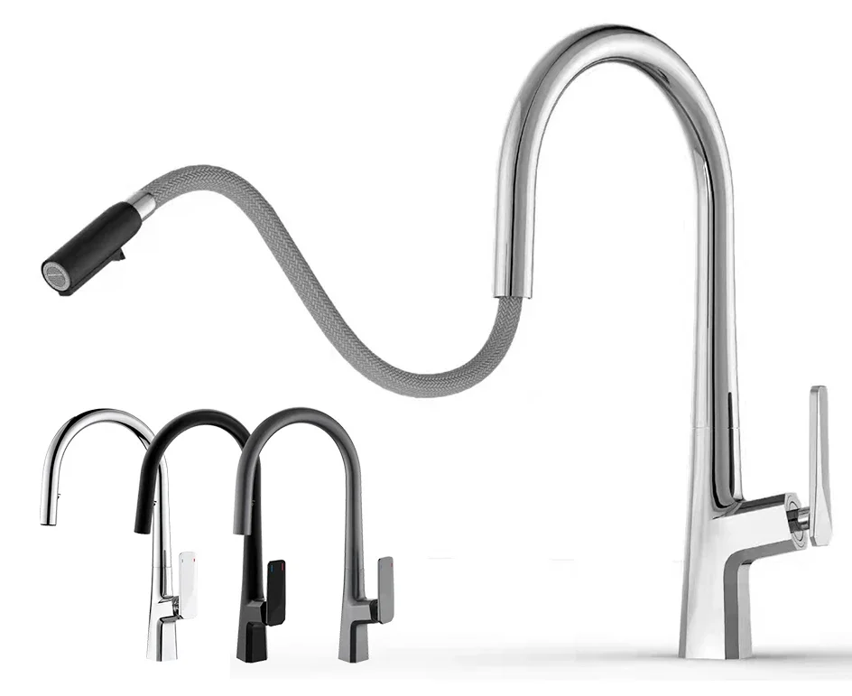 Pull Out Kitchen Sink Faucet Stream Sprayer Kitchen Gourmet Faucet Rotatable Basin Mixer Water Tap Hot Cold Crane Brass Grey