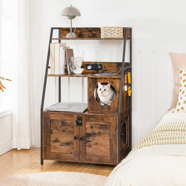 Rustic Wood Metal Pet Furniture Wrought Iron Cat Shelf Wall Mounted Storage Vintage Display Shelf