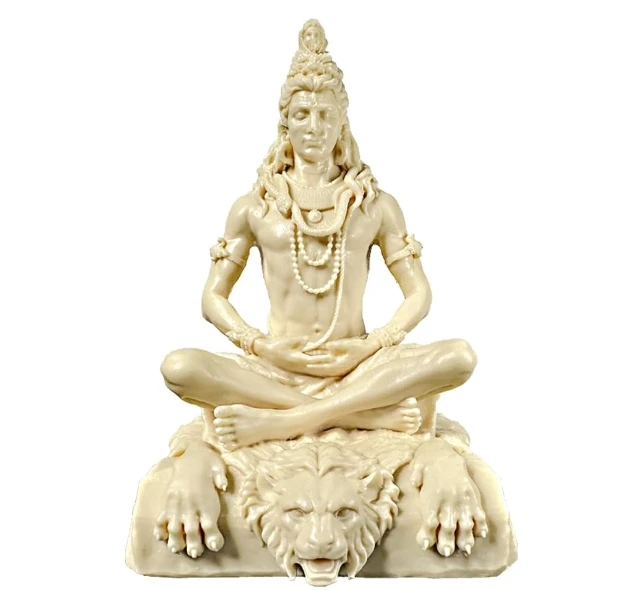 Resin Hindu god Shiva lotus pose sculpture religious statue. Meditation yoga room altarpiece