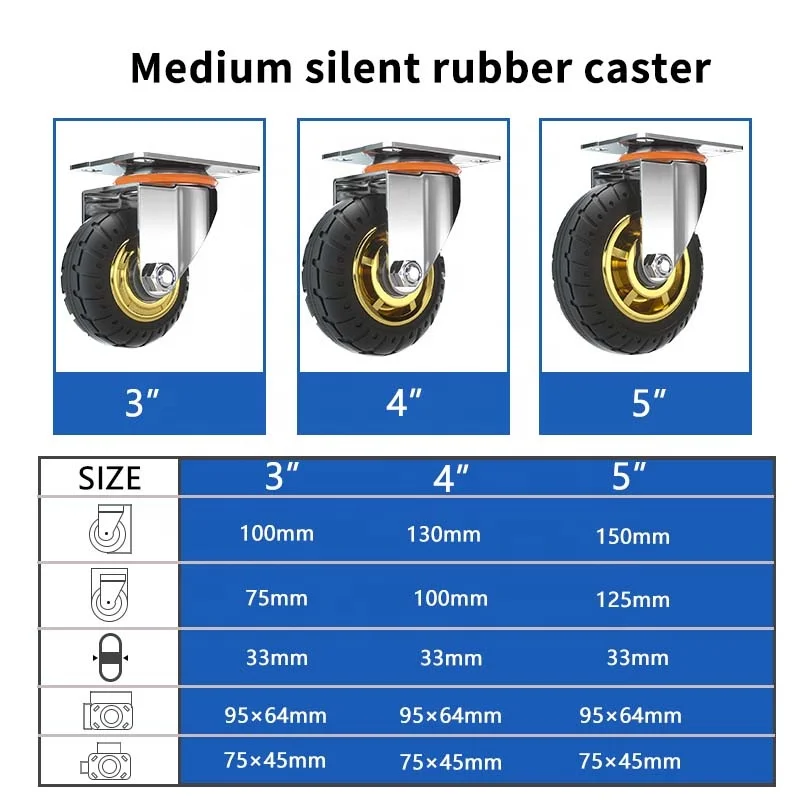 3 4 5 6 8 Inch Foam Rubber Heavy Duty Wheel Caster Solid core Large Machines Plant Workshop Soft Wheels Side Brake Caster