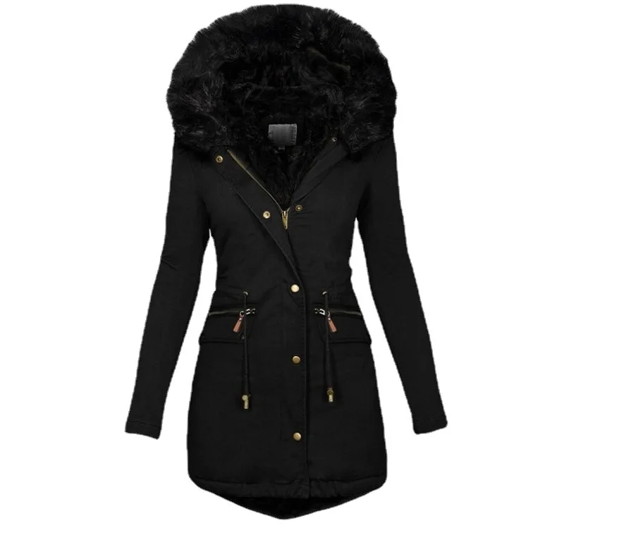 High Quality  2021 Winter Women Pure Color Fur Collar Hooded Medium Length Warm Cotton Padded With Pockets